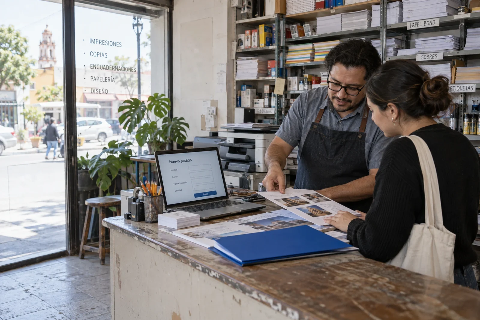 Dueño de una imprenta local revisando materiales con una clienta
